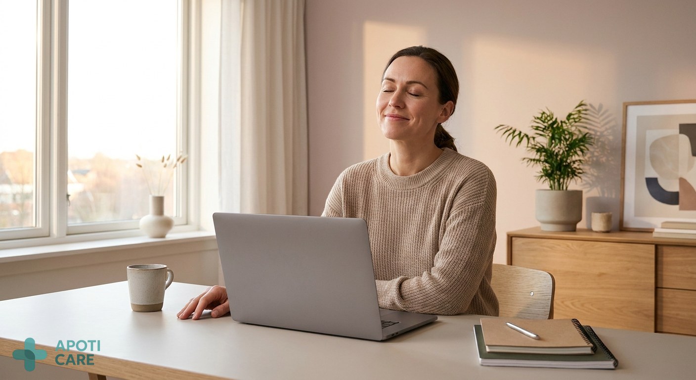 A professional person in their late 30s closing a laptop with a sigh of relief, warm sunset light through an office window, calm atmosphere, high quality photography