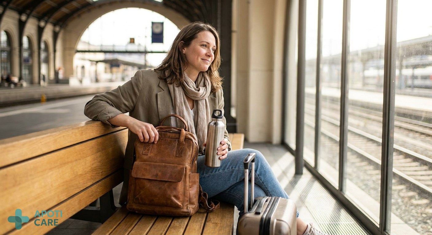 A professional 35-year-old traveler in an airport or train station, looking slightly tired but hopeful, holding a reusable water bottle, soft natural summer light.