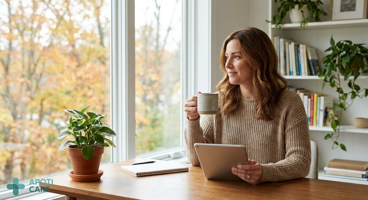 A professional person in their 30s sitting in a cozy, naturally lit office with autumn leaves visible through the window, holding a warm cup of tea, looking focused but calm.