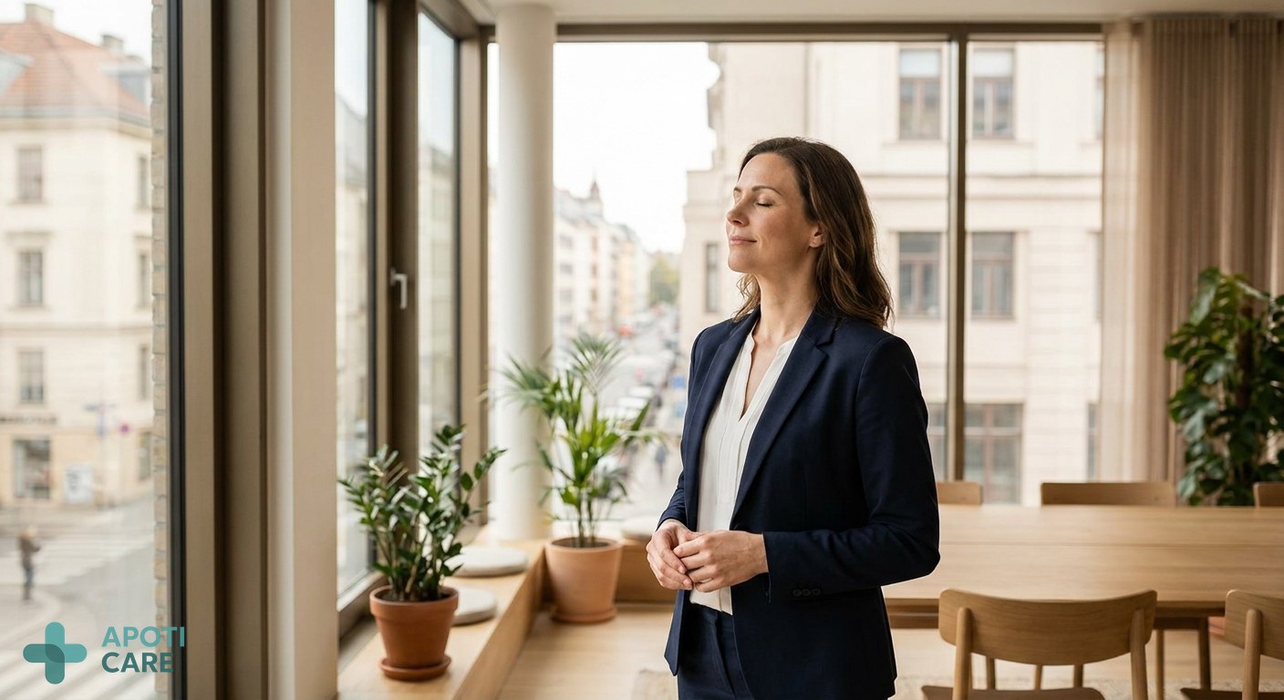 A professional active woman in her late 30s standing by a large office window in a city, looking calm and taking a deep breath, soft natural light, modern office setting.
