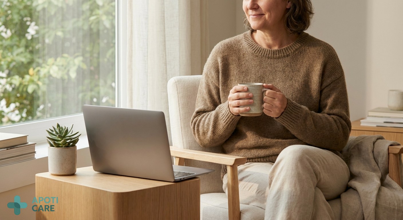 A serene person sitting by a window in soft June morning light, holding a warm ceramic mug, with a laptop closed nearby, signifying a break from work or study.