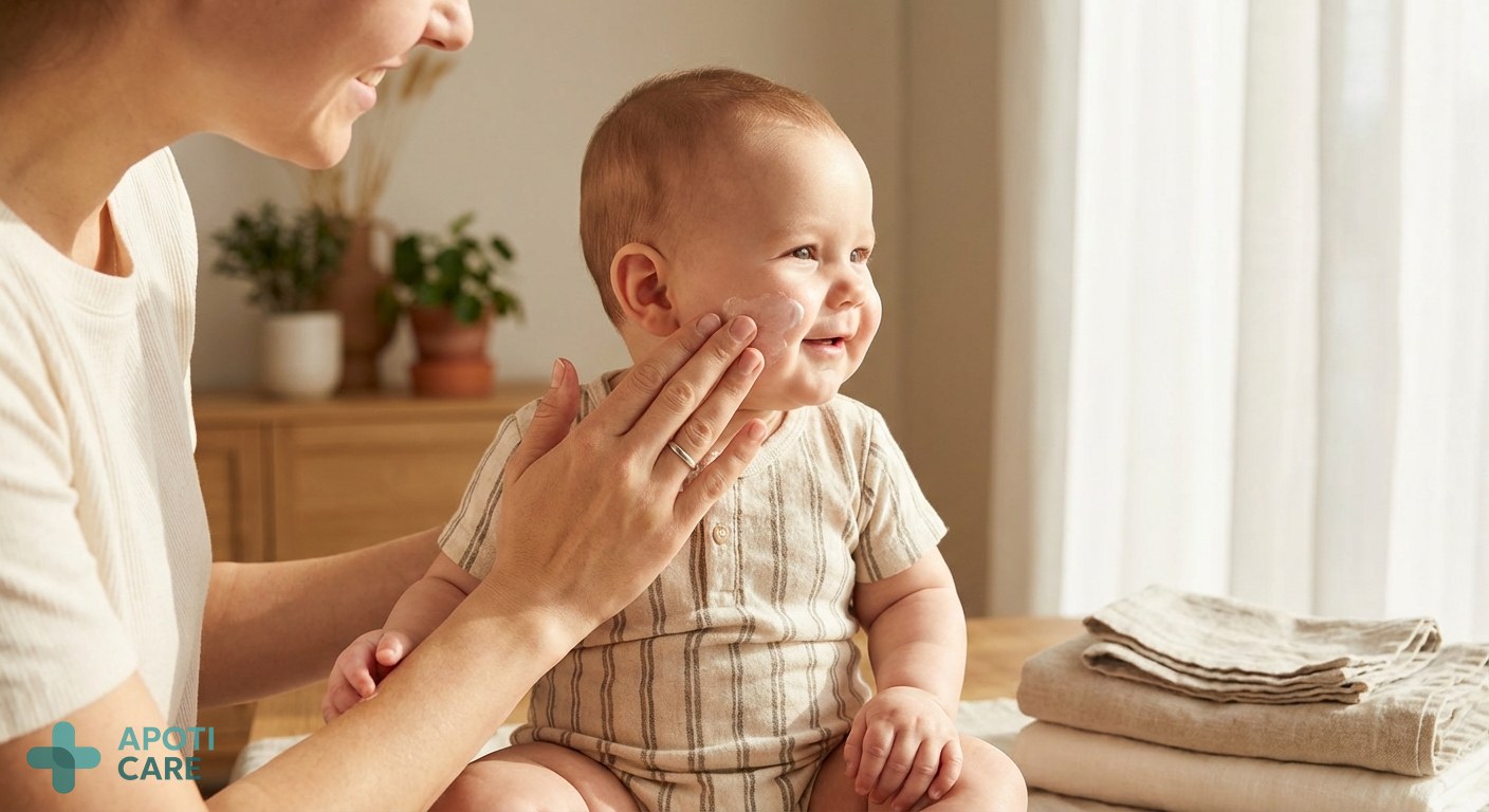 A close-up, tender photography of a mother's hand gently applying cream to a baby's cheek, soft natural morning light coming through a window, professional lifestyle photography, warm atmosphere.