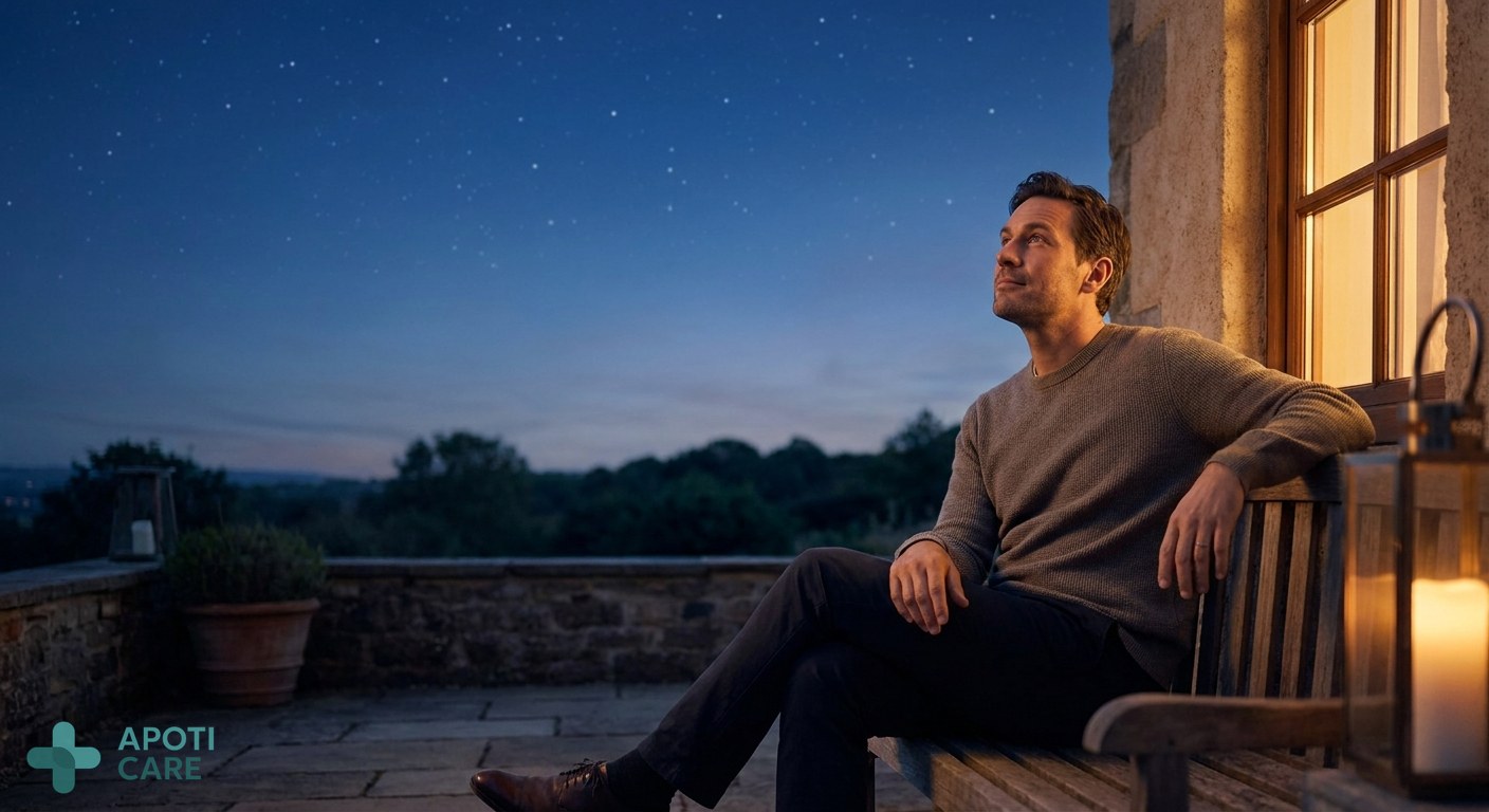 A professional person in their 30s sitting outside at twilight, looking at a clear starry night sky, feeling peaceful and reflective.