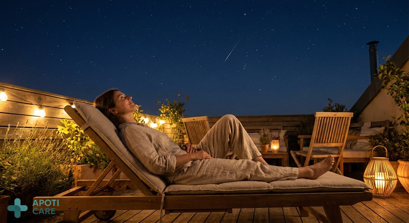 A peaceful person lying on a terrace at night, looking up at a starry summer sky with a faint meteor trail, feeling relaxed and serene.