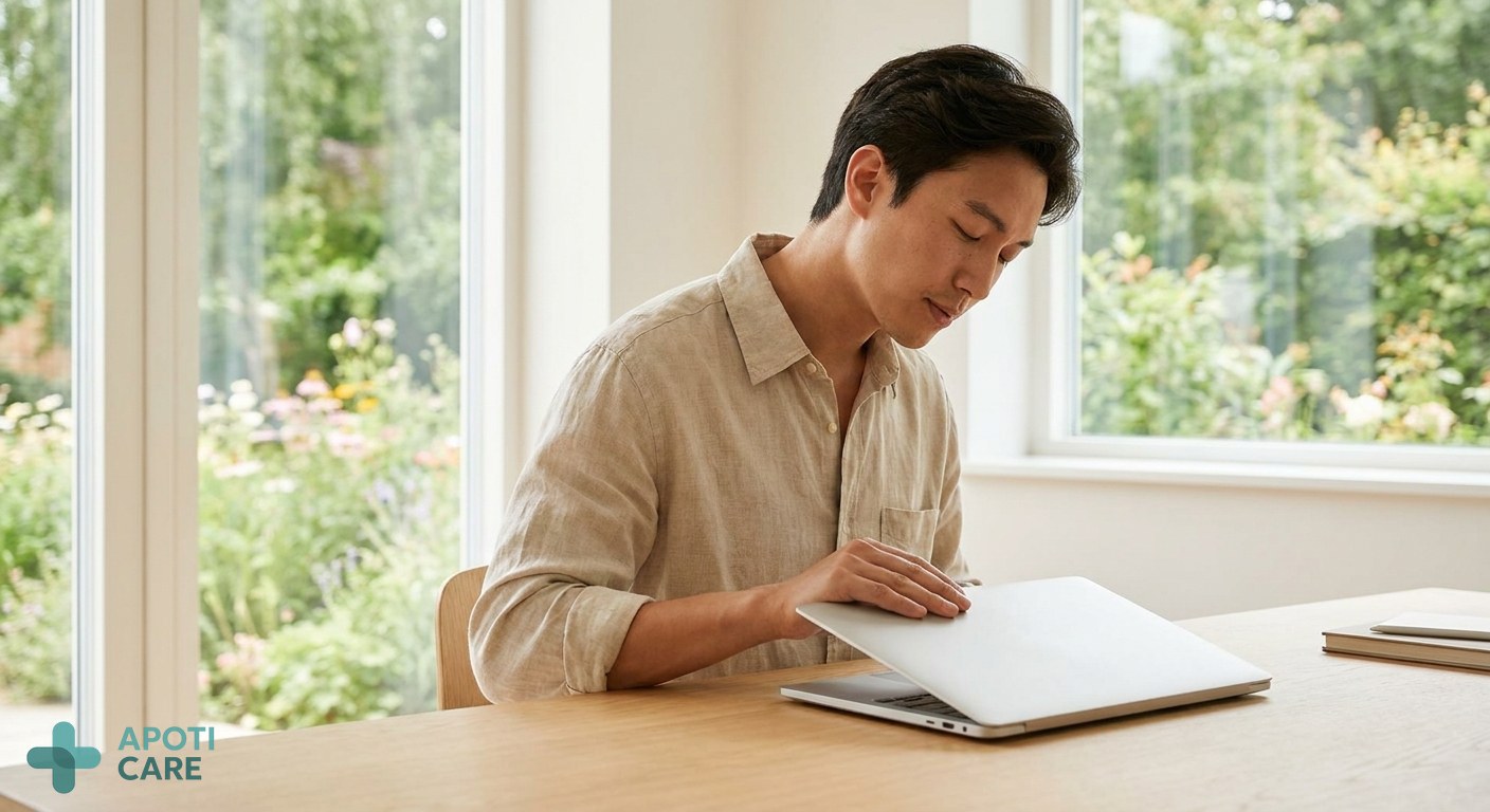 A professional person in their 30s, looking relieved but tired, closing a laptop in a bright modern office with a view of a summer garden, realistic photography style.