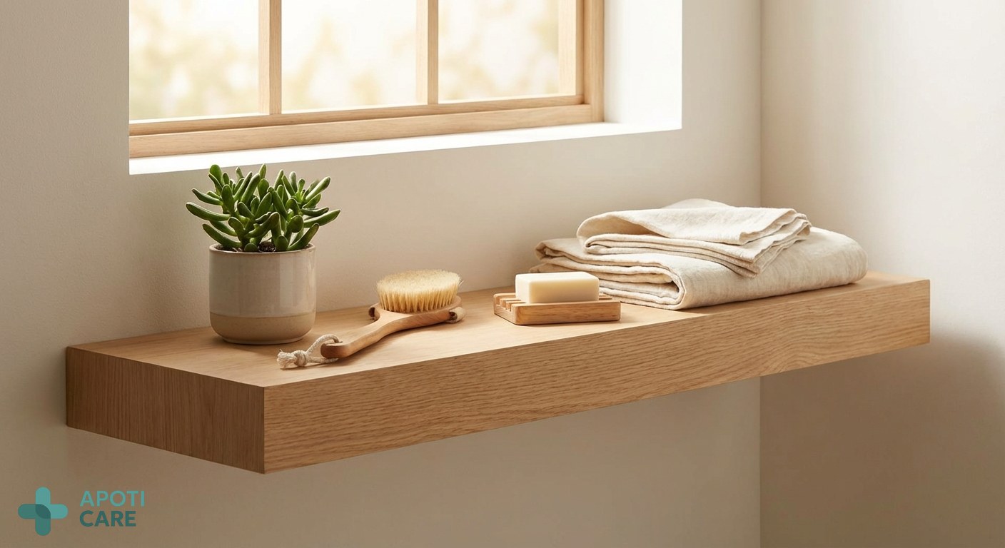 A bright, modern bathroom shelf with a small green plant and natural wooden accessories, soft morning sunlight, realistic photography style