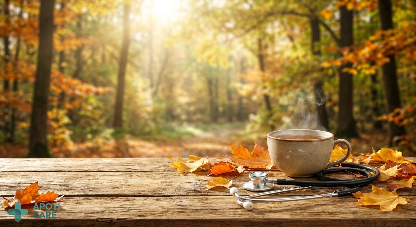 A serene autumn landscape with soft sunlight filtering through orange leaves, a wooden table with a cup of herbal tea and a stethoscope, symbolizing a health check-up atmosphere.