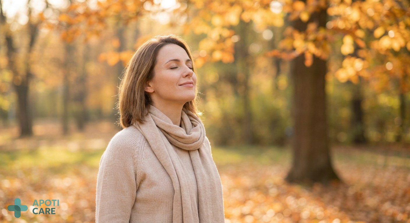 Realistic photography of a professional woman in her late 30s taking a deep breath in a sunlit park during autumn, wearing a light sweater, serene atmosphere, soft natural lighting.