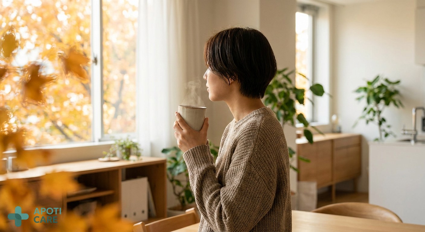 A professional person in their 30s looking thoughtfully out of a window at autumn leaves, holding a warm cup of herbal tea, soft natural morning light, realistic photography style