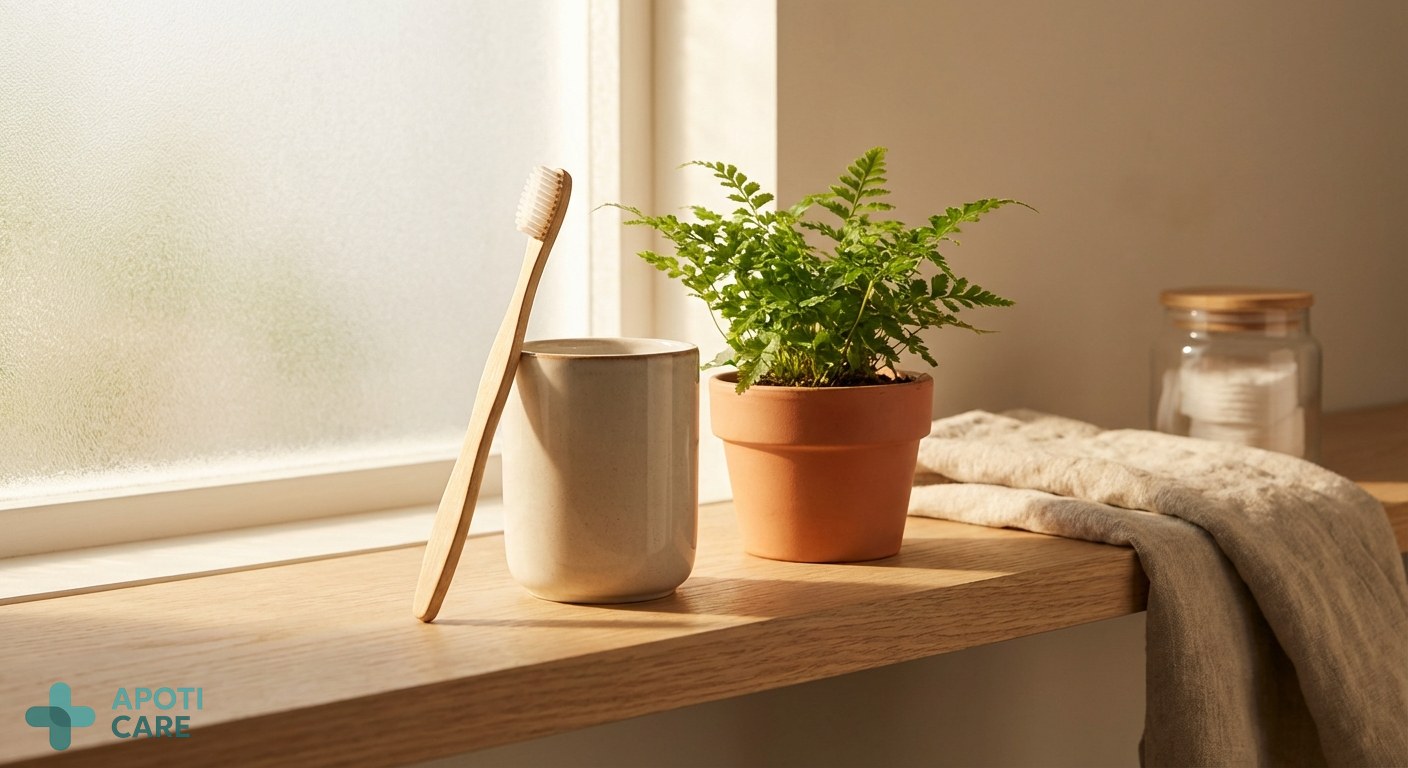 A bright, modern bathroom shelf with a bamboo toothbrush, a small green plant, and soft morning sunlight filtering through a window, realistic photography style