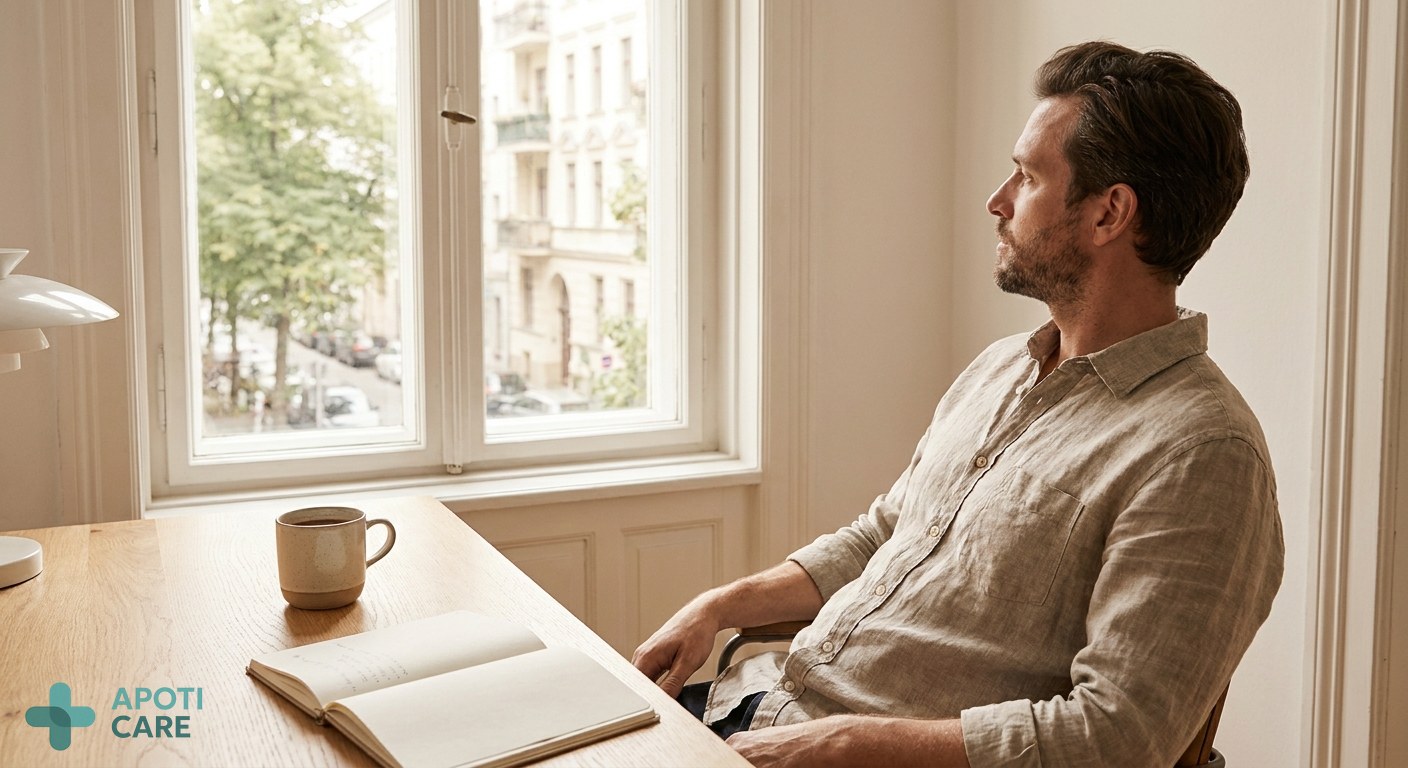 A tired professional man in his late 30s sitting at a modern desk, looking out of a sunlit window with a cup of coffee, feeling the fatigue of spring, realistic photography style
