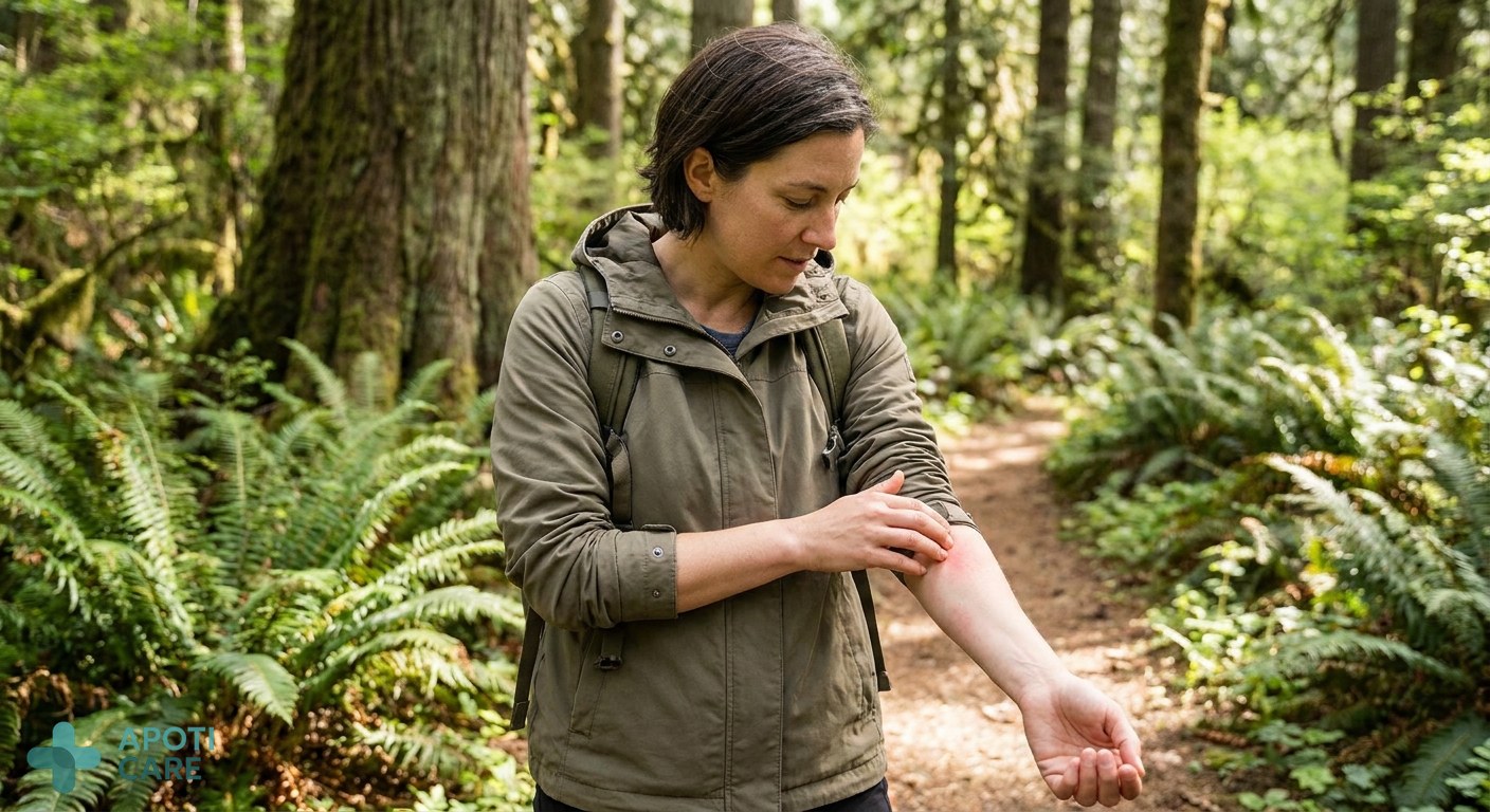 A professional person in their 30s hiking in a lush green forest during spring, sunlight filtering through leaves, looking relaxed but touching a slightly red patch on their forearm.