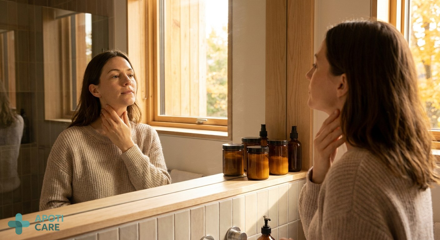 Professional woman in her 30s looking at her reflection in a bathroom mirror, touching her neck gently, soft autumn morning light, realistic photography style