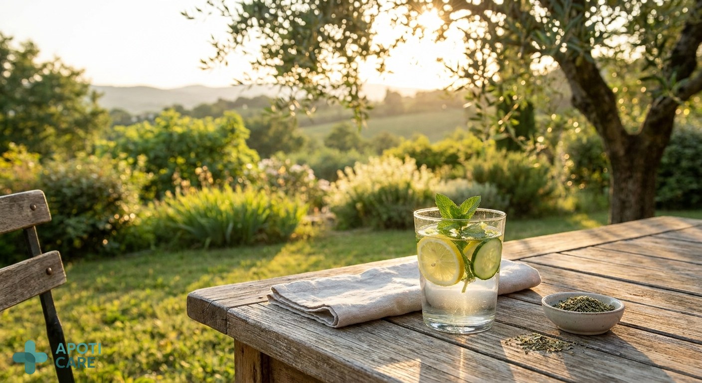 A serene outdoor setting at sunset, a glass of infused water on a wooden table, soft summer light, professional photography, high resolution.