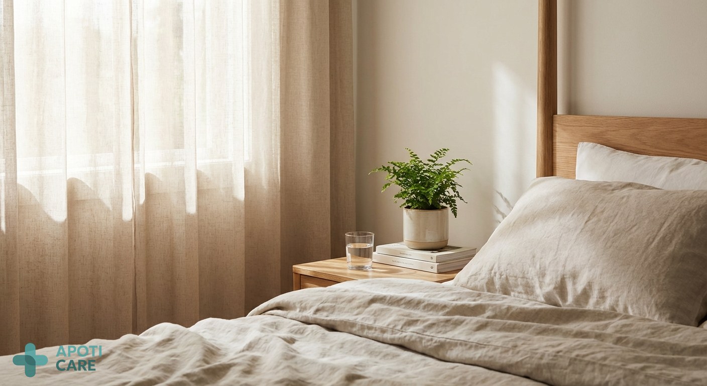 A serene bedroom interior at dawn with soft sunlight filtering through linen curtains, a glass of water and a small plant on the nightstand, peaceful atmosphere, realistic photography style