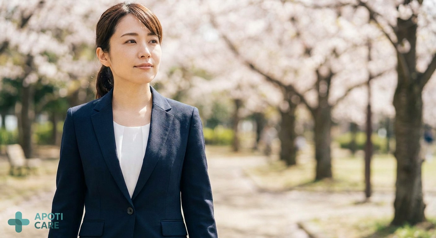 Close-up of a person with professional attire walking in a sunlit park with flowering trees, focused but calm expression, soft spring light.
