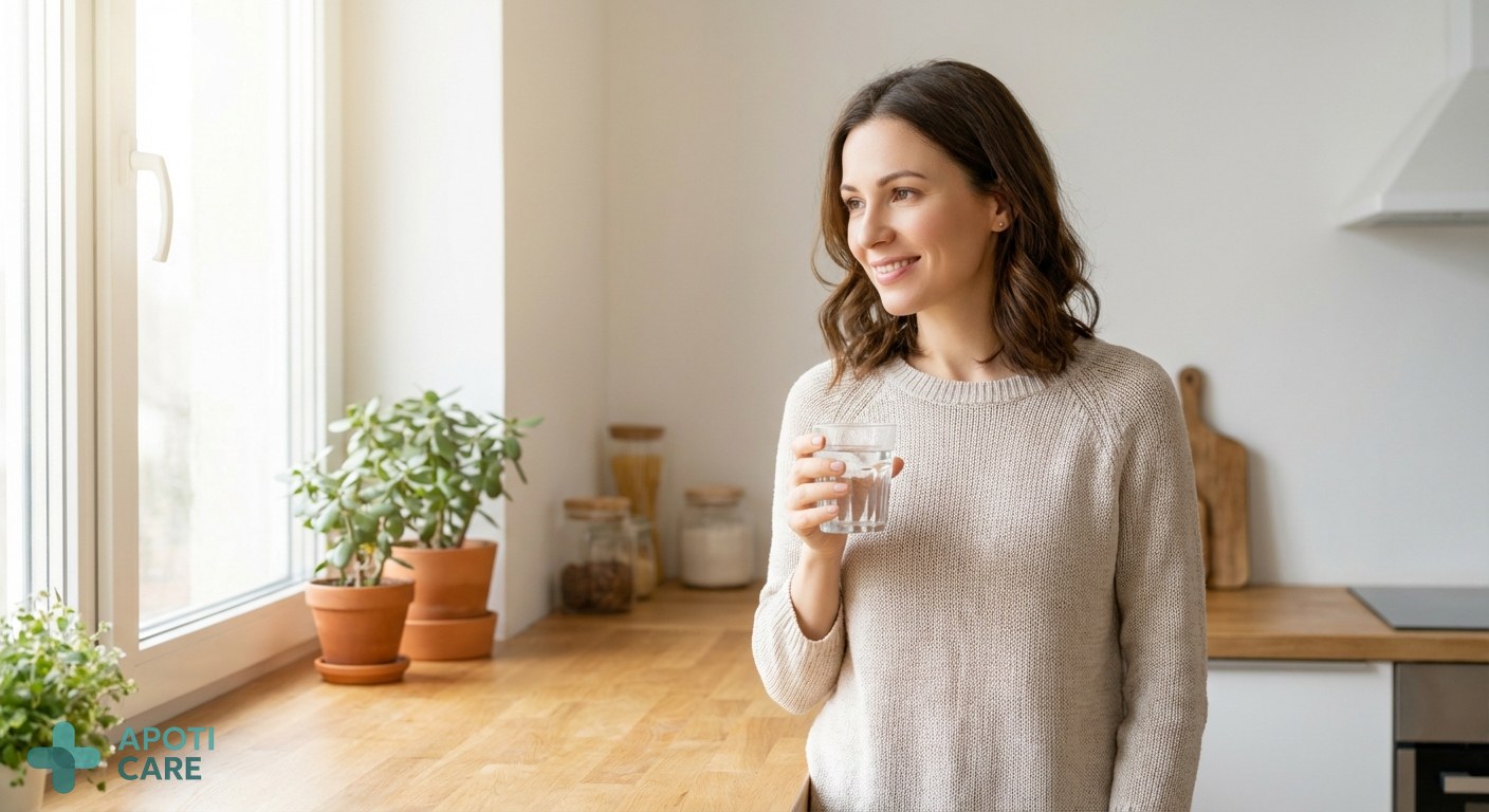 A professional 35-year-old person standing in a bright kitchen in the morning, holding a glass of water, sunlight streaming through the window, realistic and serene atmosphere
