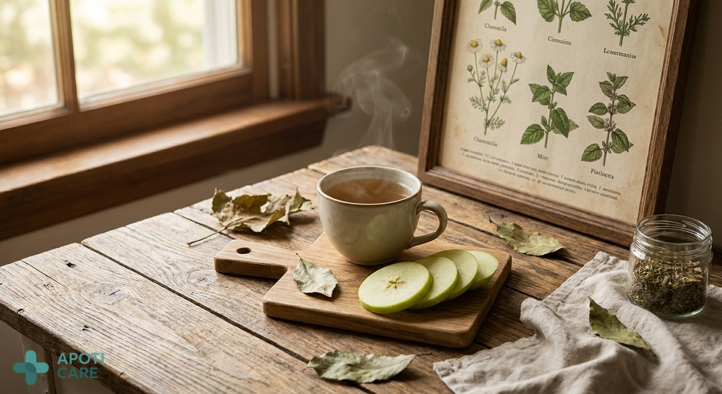 A high-end, aesthetic overhead shot of a wooden table with a steaming cup of herbal tea, some fresh green apple slices, and a vintage botanical illustration of plants in the background, warm natural morning light.