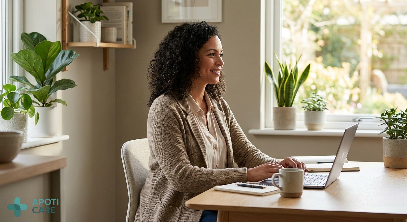 A modern professional woman in her late 30s, sitting in a bright, sunlit home office with green plants, looking calm and organized, realistic photography style