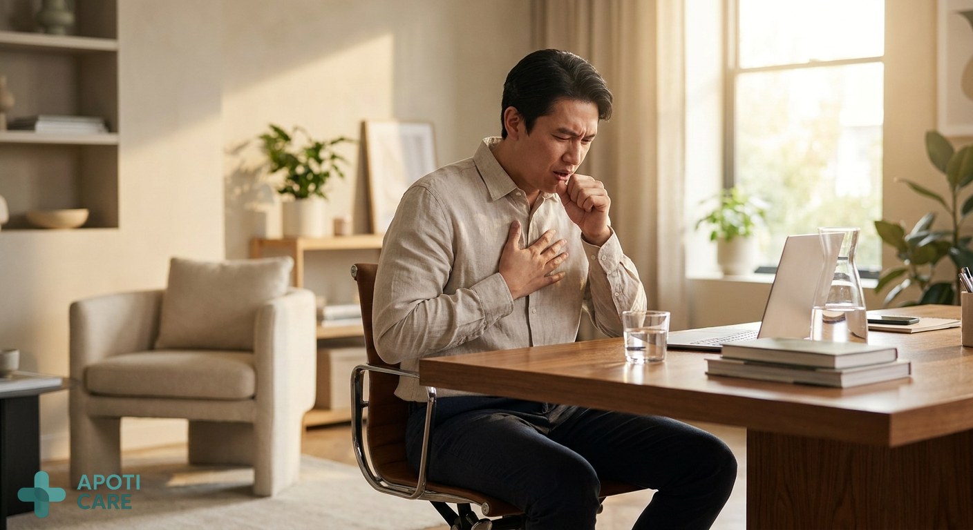 A professional person in a modern office, looking slightly bothered by a dry cough, glass of water on a wooden desk, soft summer sunlight through a window.