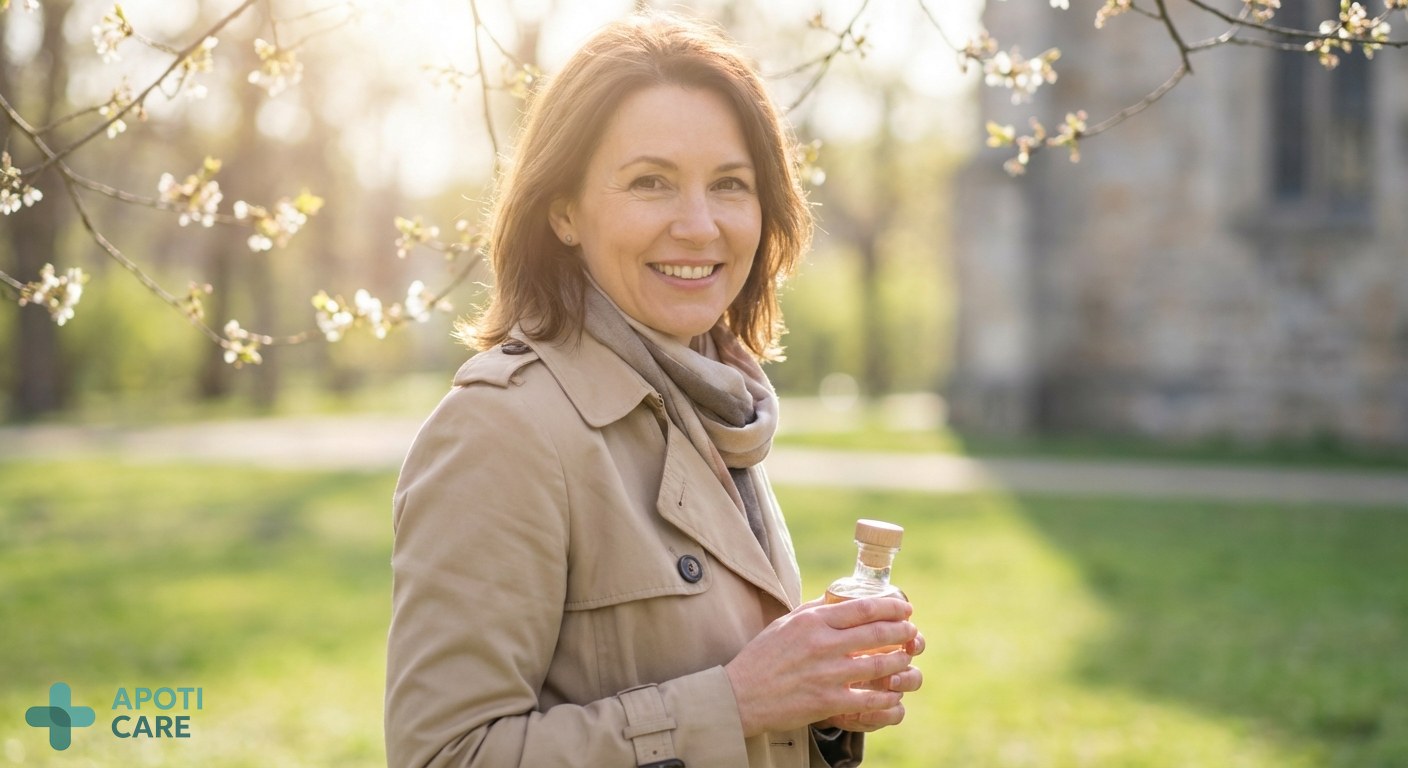 A serene outdoor scene in early spring, a person with a professional look standing in a park with budding trees, sunlight filtering through branches, soft focus on the skin, realistic photography style