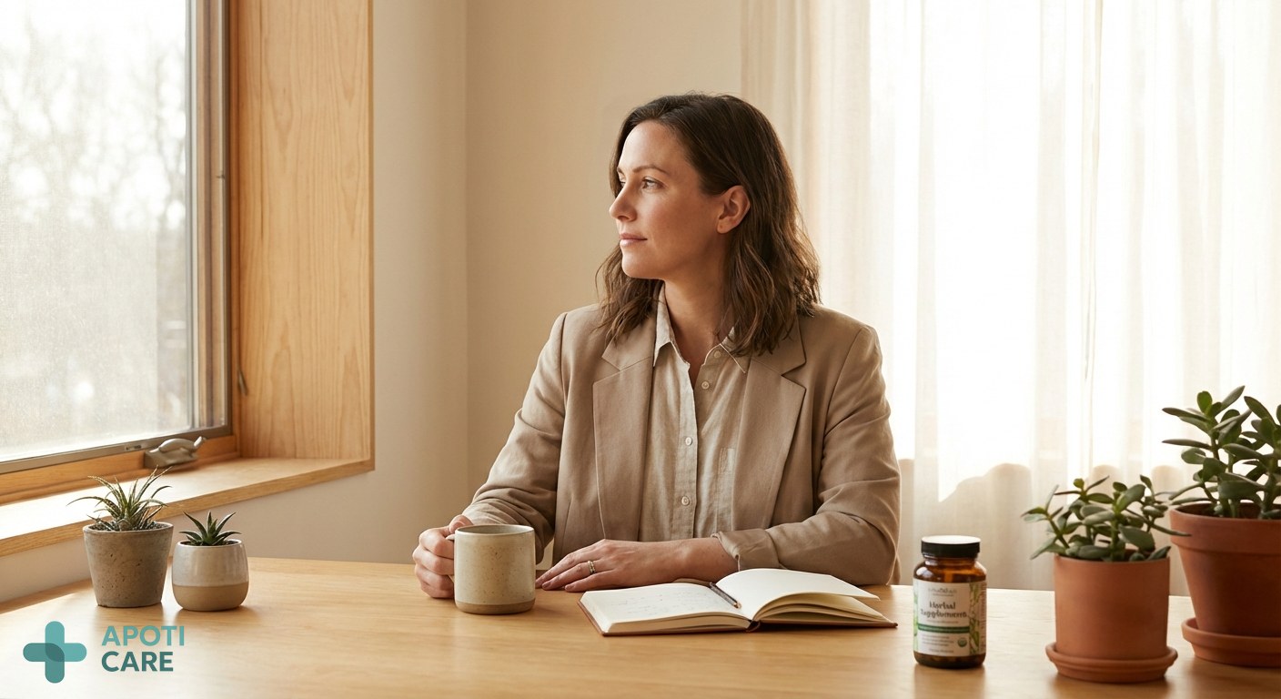 A professional person in their 30s sitting by a window with soft morning sunlight, looking calm and reflective, realistic photography style