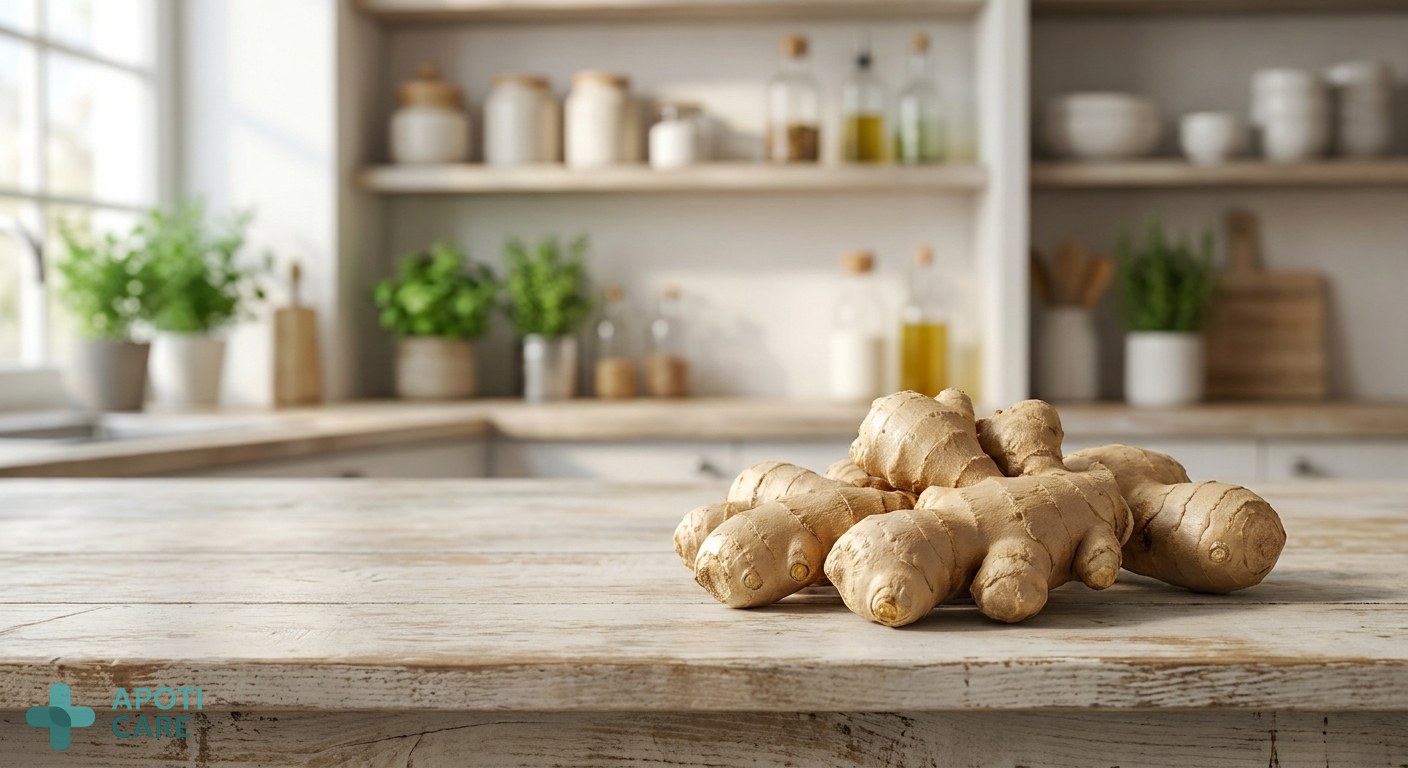 Close-up of fresh ginger root on a wooden kitchen counter with a blurred background of a modern kitchen, realistic photography style