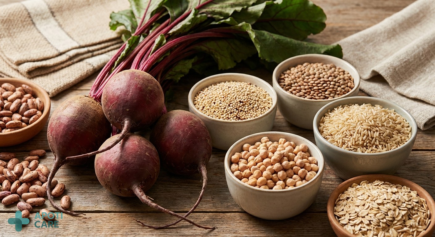 Close-up of fresh, raw beetroots with green leaves and a variety of whole grains and legumes, highlighting natural textures and vibrant earthy colors.