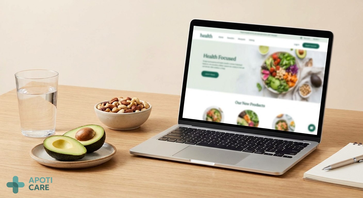 Close-up of healthy food like avocado, nuts, and a glass of water on a desk next to a laptop, representing a healthy professional lifestyle.