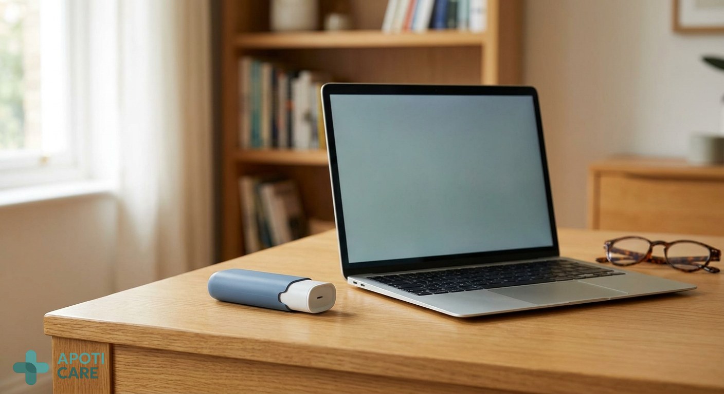 Close-up of a modern inhaler device on a wooden desk next to a laptop and a pair of glasses, suggesting a professional environment.