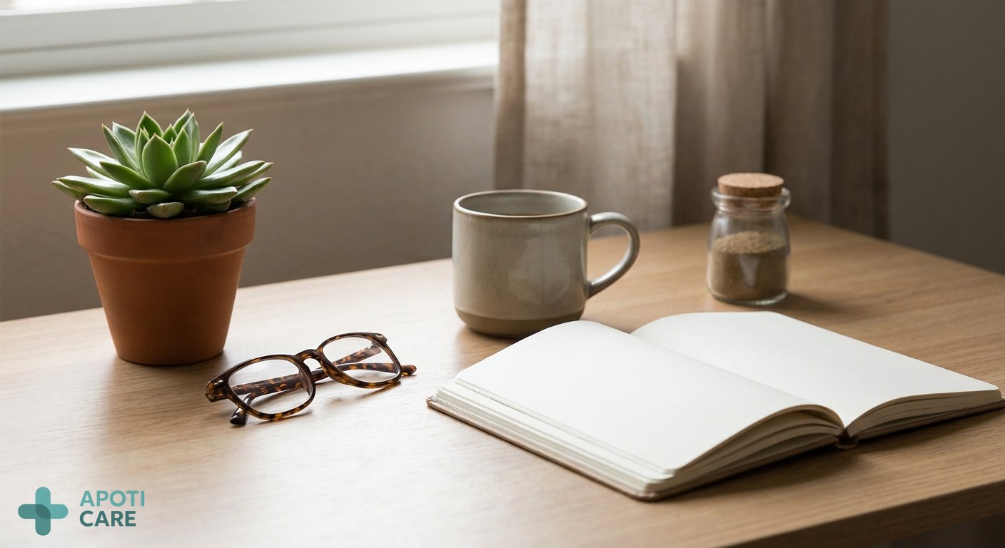 Close-up of a desk with a plant, a pair of glasses, and soft natural light coming from a nearby window, symbolizing a serene workspace.