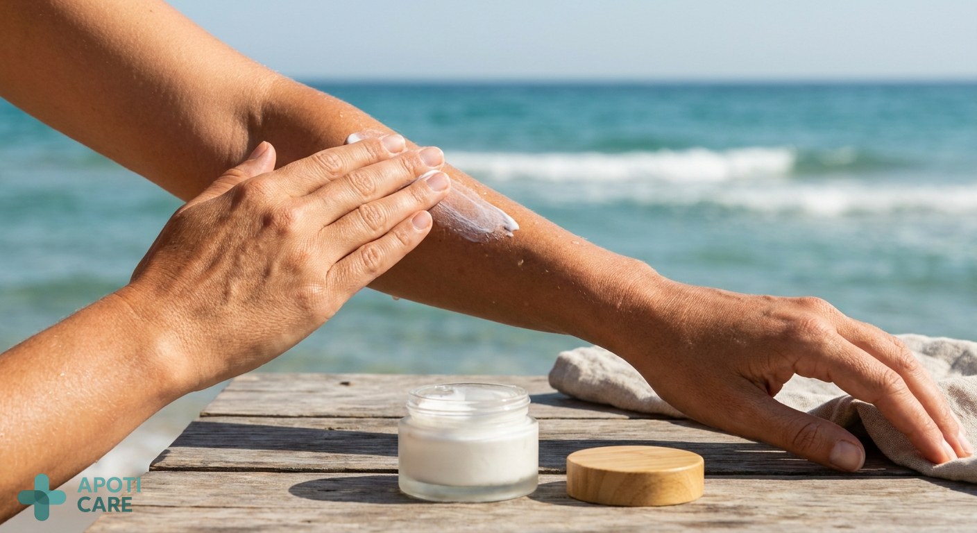 Close-up of eco-friendly sunscreen being applied to an arm with a background of clear blue sea water, professional photography, natural lighting, focus on skin texture and water clarity.