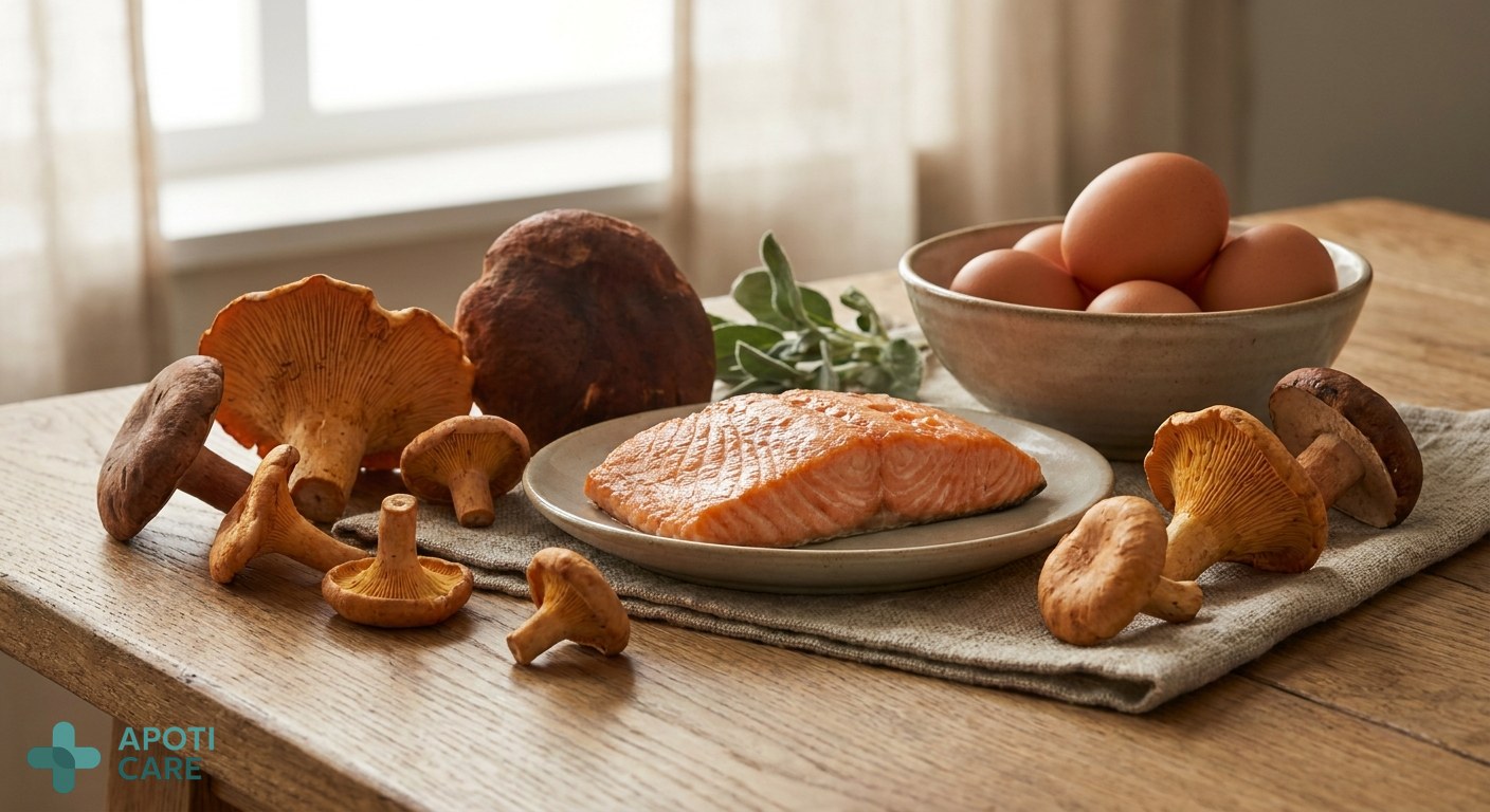 Close-up of healthy autumnal foods rich in nutrients, like mushrooms, fatty fish, and eggs, arranged elegantly on a wooden table. Realistic photography style.
