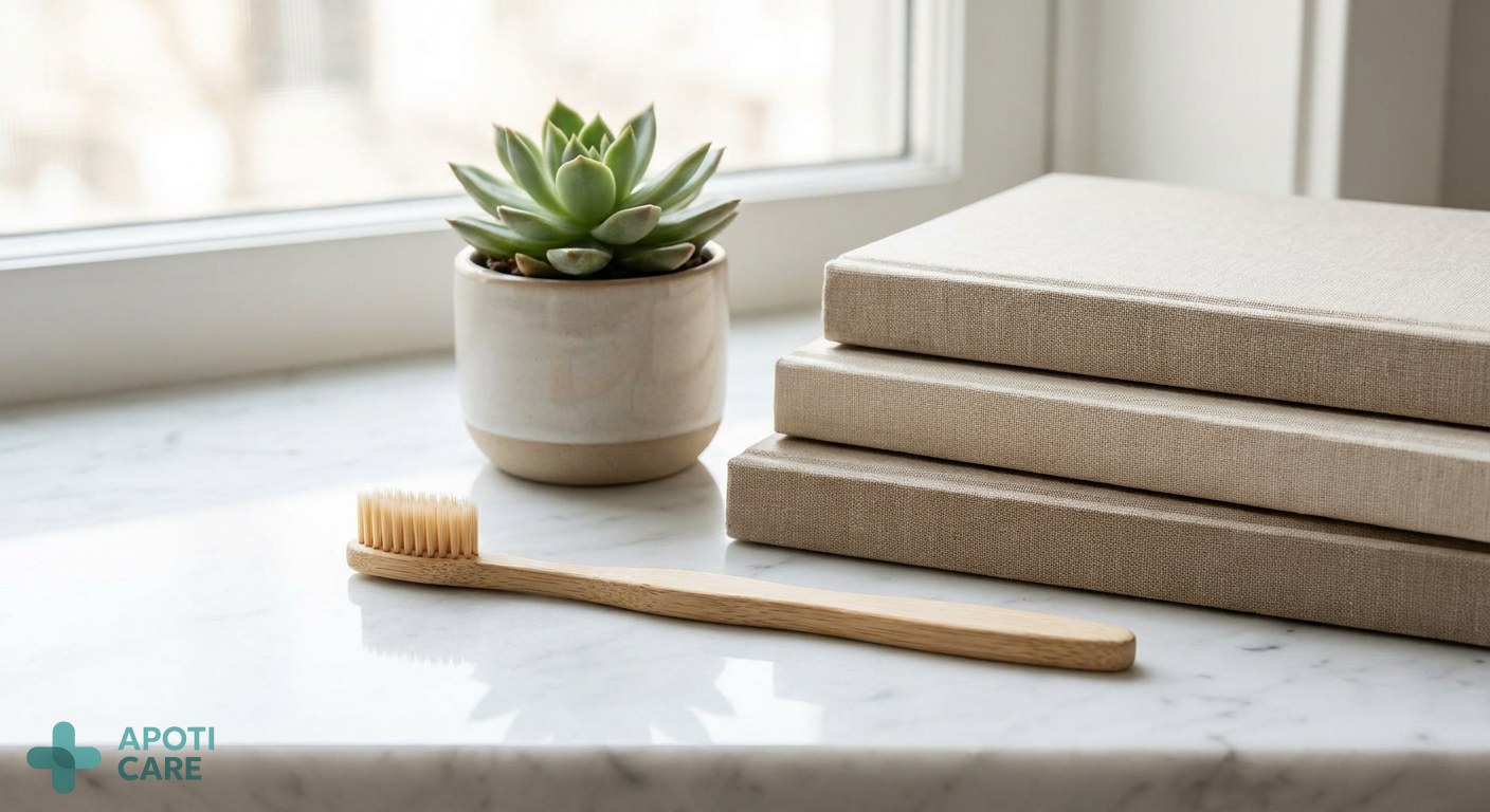 Close-up of a sustainable wooden toothbrush next to a stack of books and a small green plant on a white marble bathroom counter, soft natural morning light.