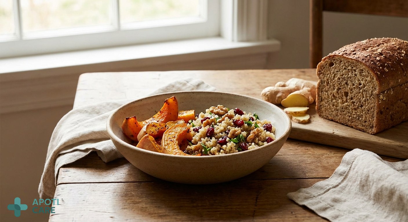 Close-up of a healthy, colorful autumn meal with ginger, squash, and grains on a wooden table, professional food photography style