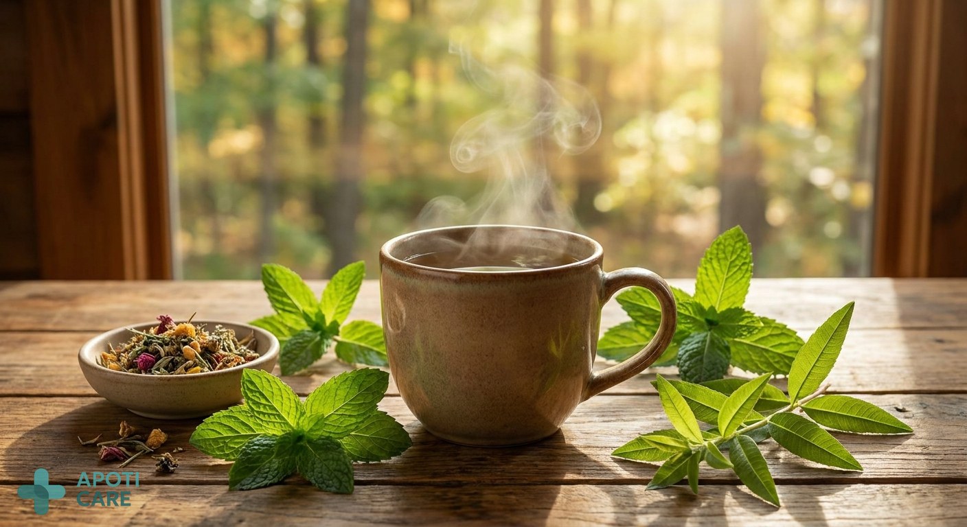 A close-up of a steaming herbal tea mug on a wooden table, with fresh green leaves and a blurred forest background