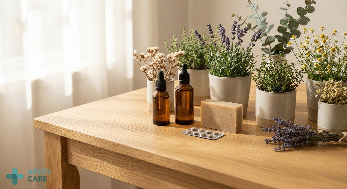 A minimalist and aesthetic health kit on a wooden table, featuring some glass bottles, a solid soap, and a small clinical blister pack, surrounded by summer plants.