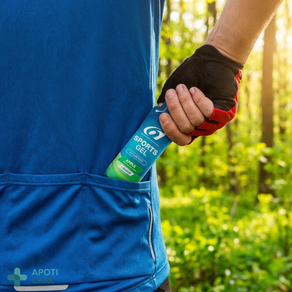 Close up of a cyclist's hand reaching for a nutrition pack in a jersey pocket, lush green spring forest background, soft natural lighting, realistic style