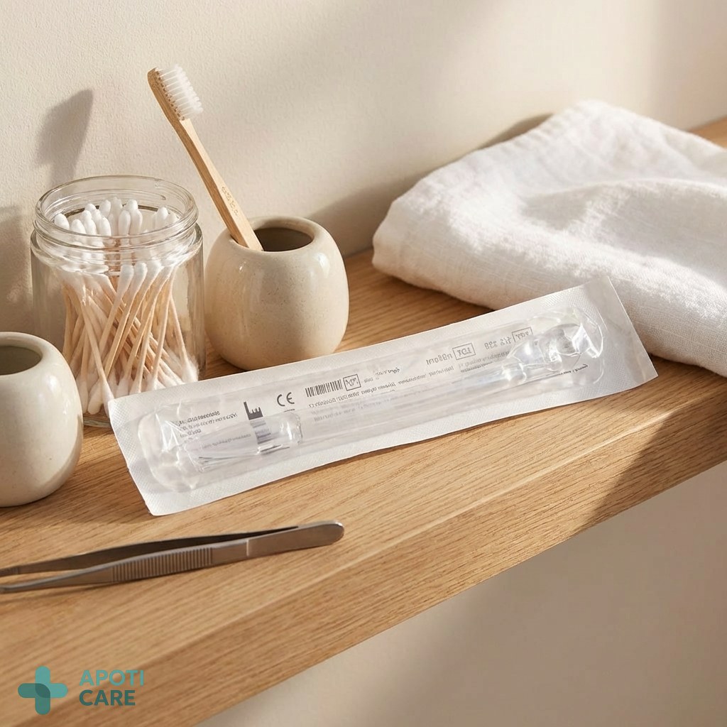 Close up of a clean, minimalist bathroom shelf with eco-friendly hygiene products and professional medical tools, soft morning light, realistic photography.
