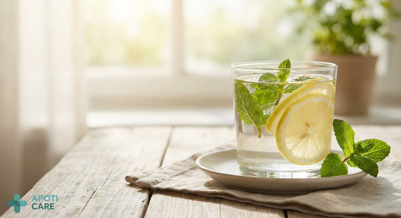 Close-up of a glass of water with lemon slices and fresh mint on a wooden table, soft morning sunlight, realistic photography.