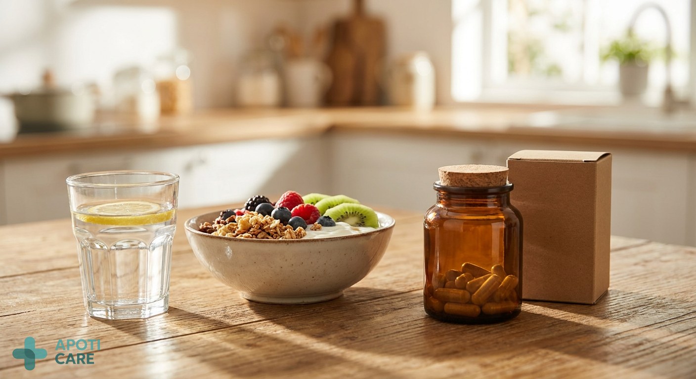 Close-up of a wooden table with a glass of water, a healthy breakfast bowl with fruits, and a box of supplements, in a bright, sunlit kitchen.