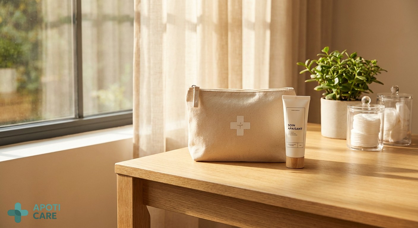 Close-up of a first aid kit and a tube of cream on a wooden table near a window with summer sunlight, clean and professional aesthetic.