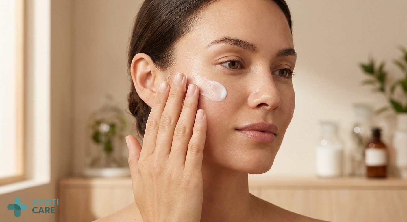 Close-up of a person applying a light cream on their face, soft lighting, focus on the texture of the skin and the gentle gesture, professional and soothing aesthetic.