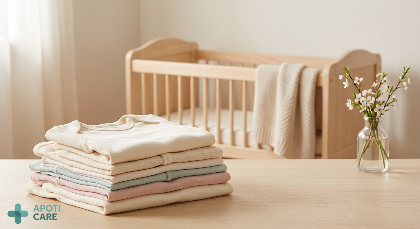 A cozy, minimalist nursery scene with a wooden cradle and a small vase of spring flowers in the background, out of focus, focusing on the soft textures of organic cotton baby clothes.