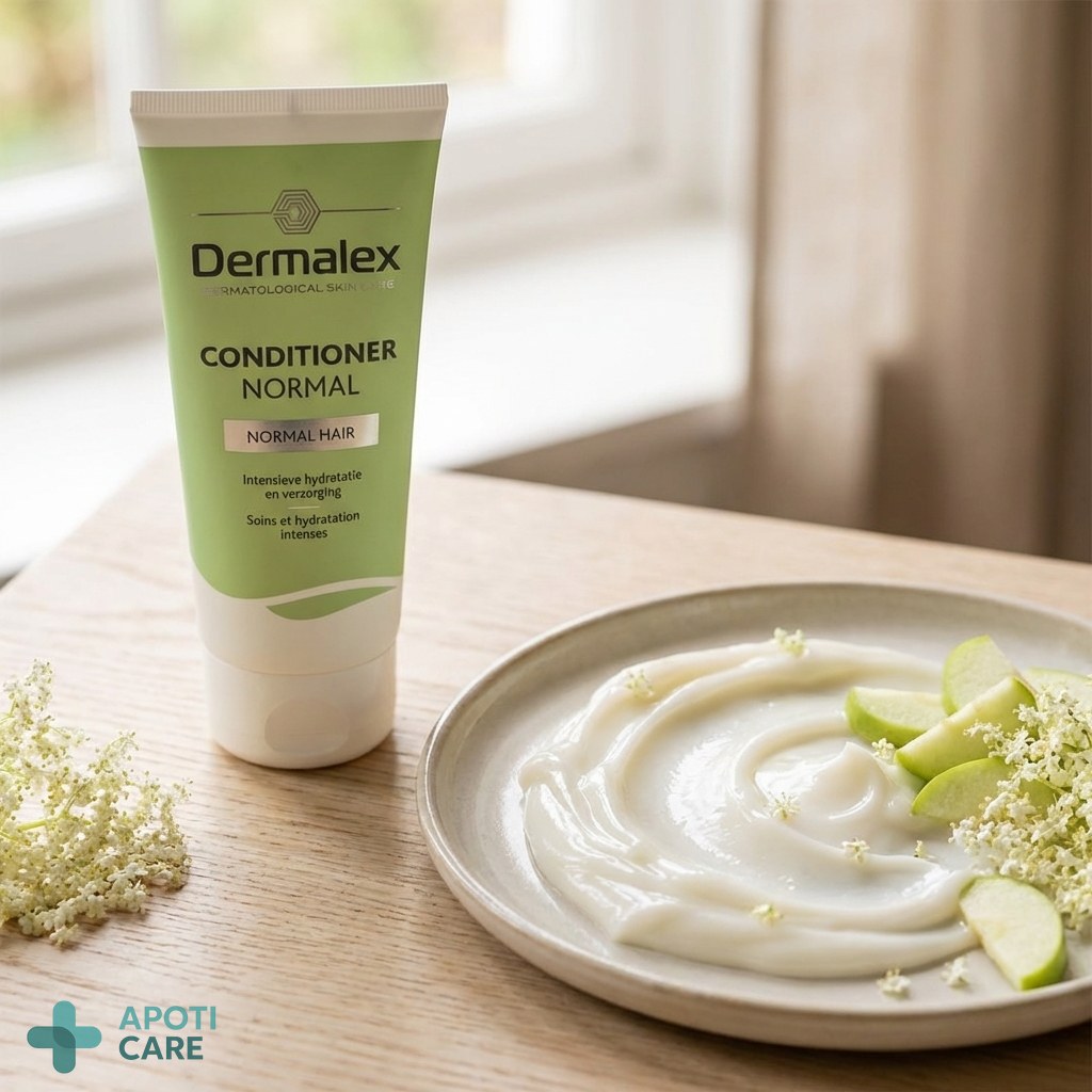 Close-up of a high-quality hair conditioner texture, creamy and white, with small green apple slices and white elderflowers in the background.