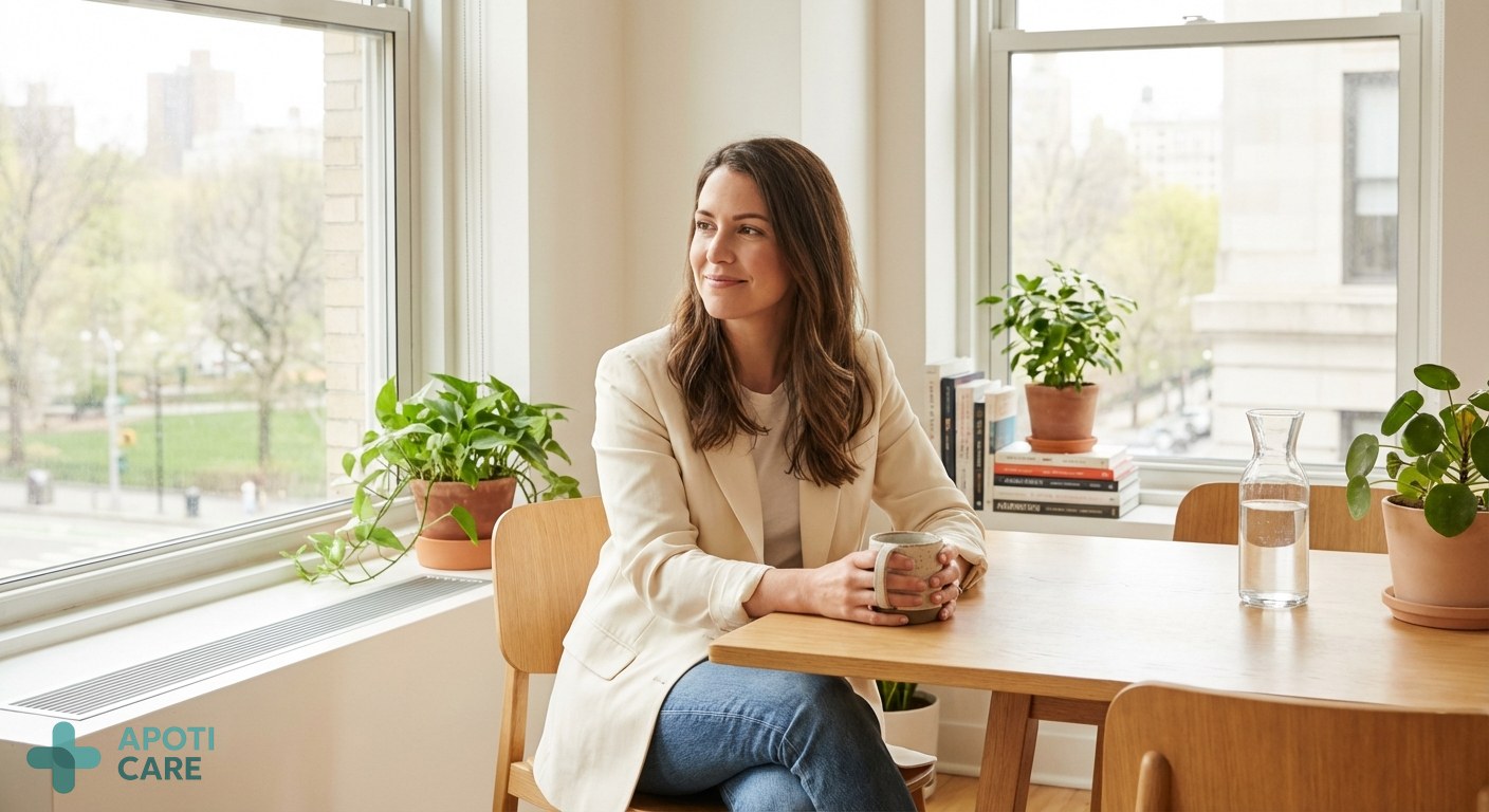An active professional person (30-45 years old) taking a mindful break in a bright, modern office, looking calm and focused, natural lighting, realistic photography style