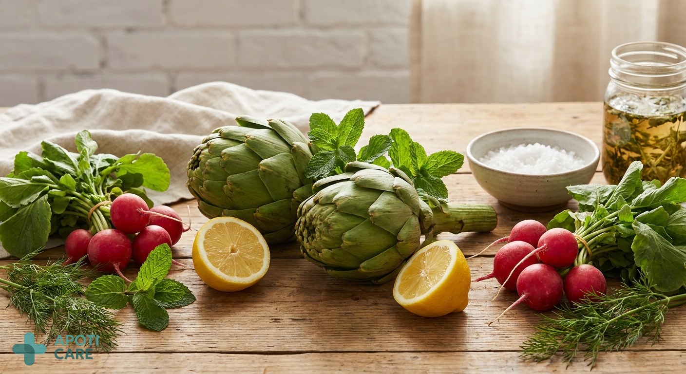 Close-up of fresh spring vegetables like artichokes, lemons, and radishes on a wooden table, suggesting natural detoxification and health.