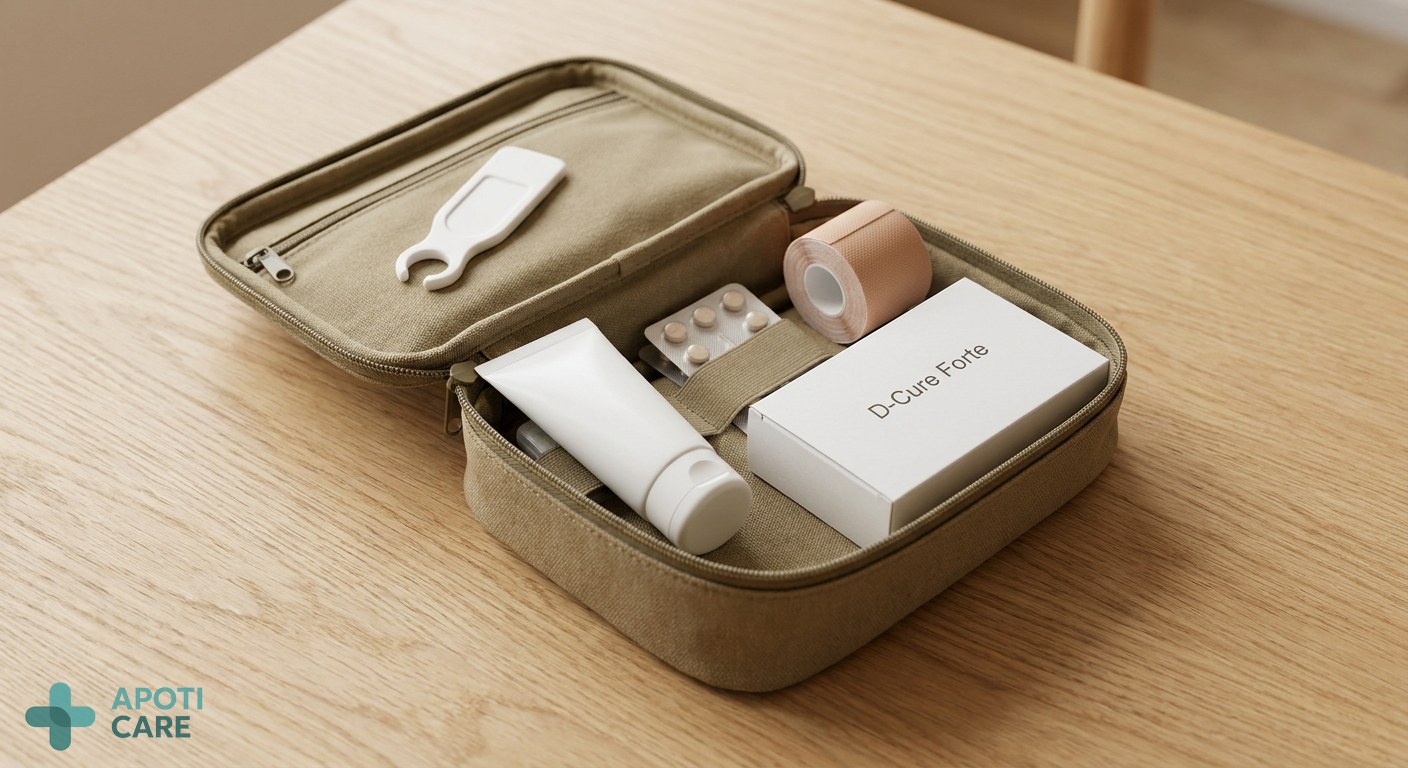 Close-up of a well-organized travel first aid kit on a wooden table, containing a tick remover, sun protection, and a box of D-Cure Forte.