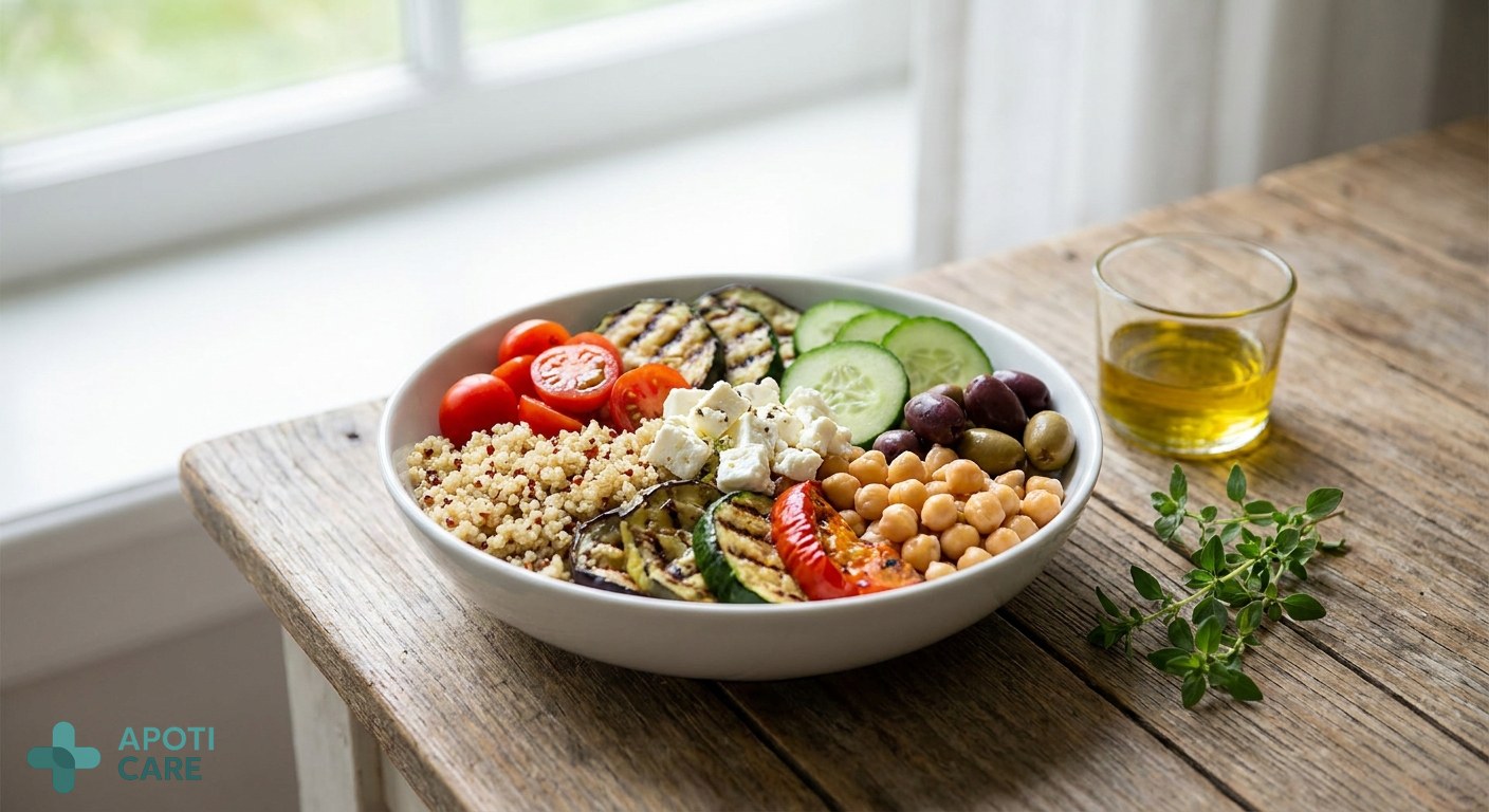 Close-up of a healthy Mediterranean meal on a wooden table, emphasizing fresh vegetables and grains, soft natural lighting, realistic photography