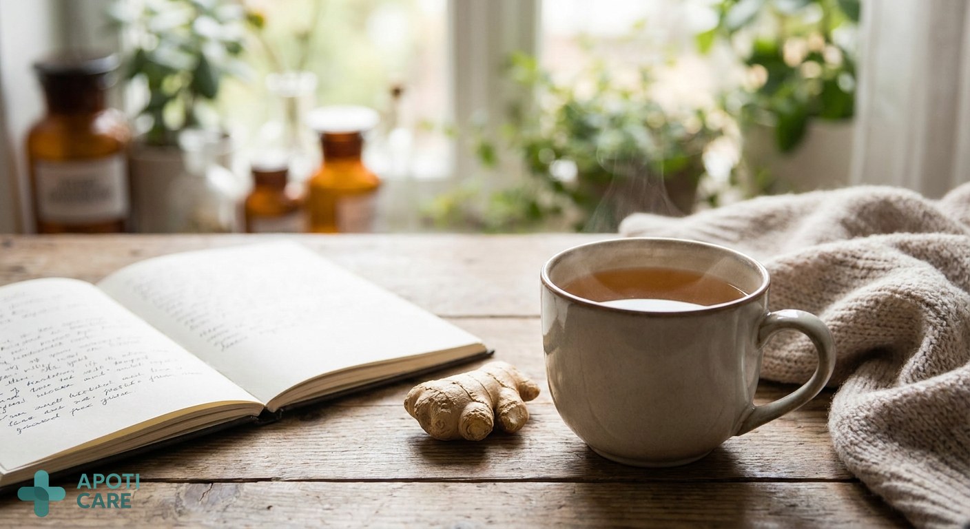 Close-up of a wooden table with a steaming cup of herbal tea, a piece of fresh ginger, and an open notebook, warm and professional atmosphere, soft focus background, realistic photography